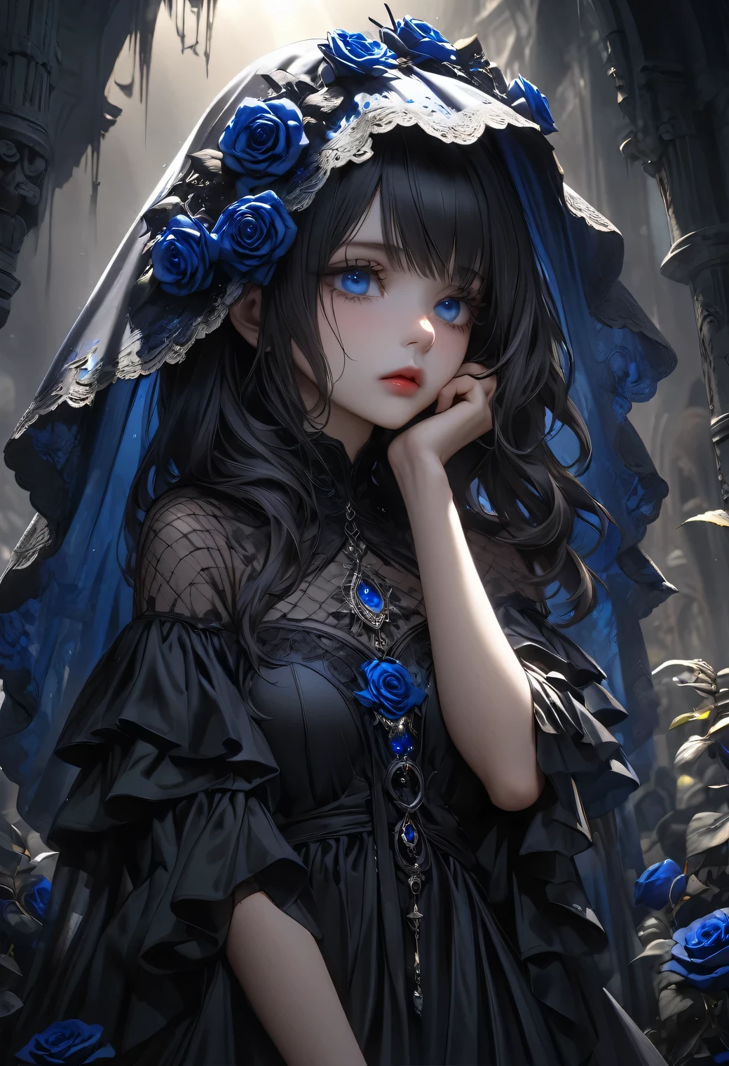 full-body view, dramatic angle, beautiful detailed eyes, beautiful detailed lips, extremely detailed eyes and face, longeyelashes, beautiful and cute young girl, a princess of the underworld, a gloomy expression, a downcast face, looking up, hand on mouth, white and black gradation hair, through bangs, flowing hair, a black race sheer veil adorned with blue-black roses, an exquisitely beautiful black dress adorned with blue-black roses, a gloomy underworld background, (highest quality,16k,highres,masterpiece:1.2),ultra-detailed,(ultra-realistic,photo-realistic:1.37),HDR,UHD,studio lighting,ultra-fine painting,sharp focus,physically-based rendering,extreme detail description,professional,vivid colors,dark gothic,dramatic lighting,chiaroscuro,mysterious,melancholy,somber,surreal,fantasy