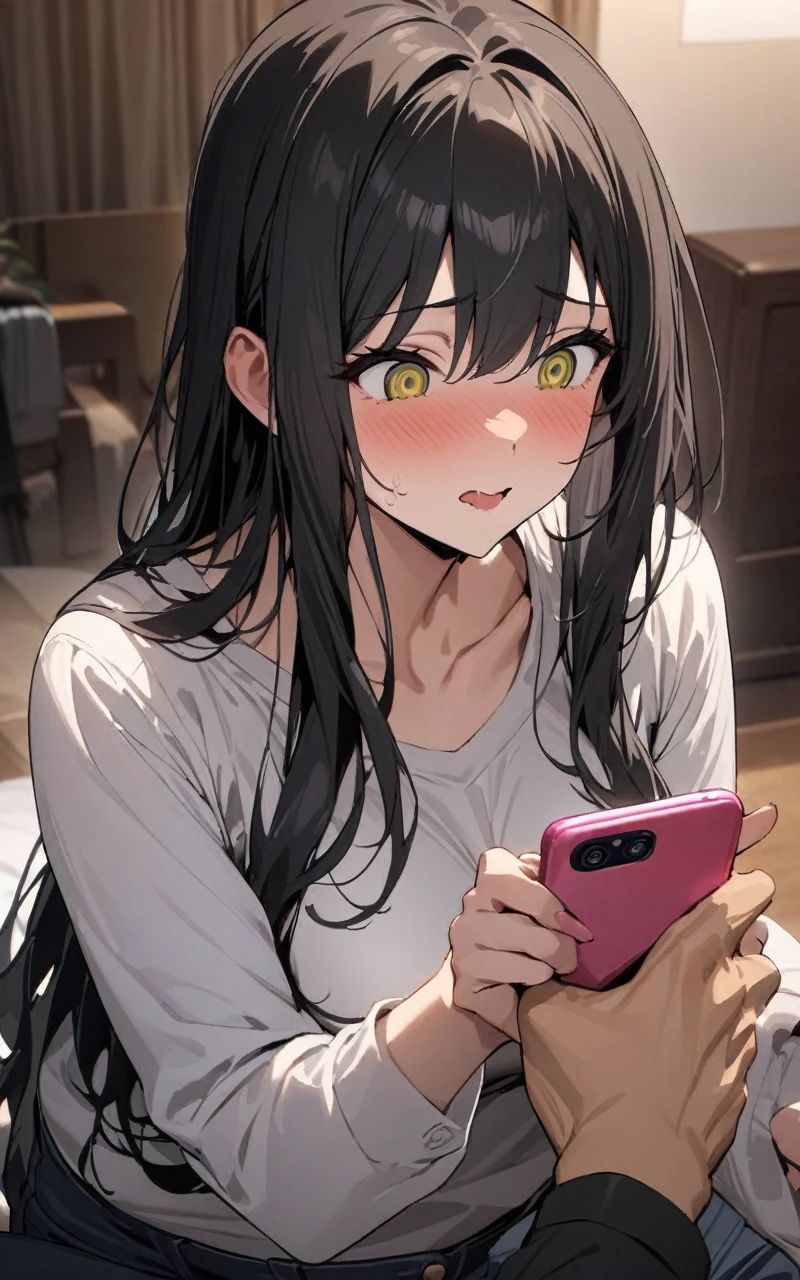 (masterpiece, Highest quality:1.2)、 Mature Woman、40 years old、Black long hair、hypnosis, man, show smart phone apps to girl, girl under hypnosis, drool, Open regs, under wear, best quality, very aesthetic,, room