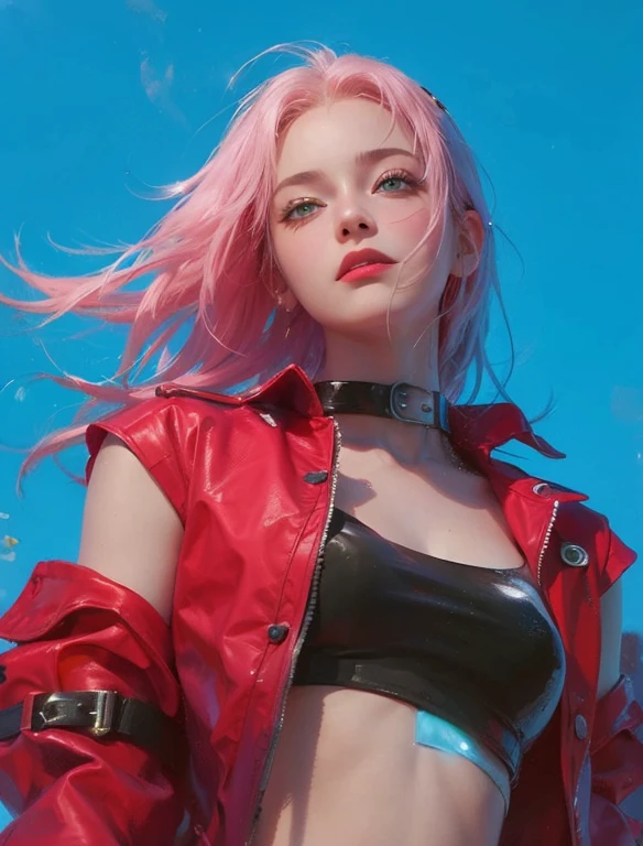 (obra de arte, melhor qualidade, 1 garota, Sozinho, detalhes intrincados, chromatic aberration), realista, ((medium breath)),Cabelo longo, cabelo rosa, red head ornament, destaques rosa, cabelo sobre um olho,olhos roxos, brincos, olhos afiados, gargantilha, camisa neon, jaqueta aberta, corte superior, (olhos de simetria),(Perfect symmetrical body),contra a parede, parede de tijolos, grafite, Poor lighting, beco ,olhe para o visualizador
