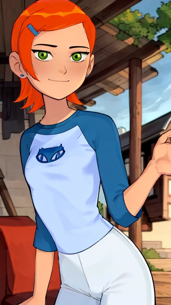((best quality)), ((highly detailed)), masterpiece, absurdres, (detailed eyes, deep eyes), (1girl), dynamic pose, upper body, gwen, hairclip, smiling, blue see trough shirt, raglan sleeves, white pants, (outside, in a wild west town, sunset) , hot body , sexy , (medium breasts1.2) , wet , full body , blush , ????? on her face