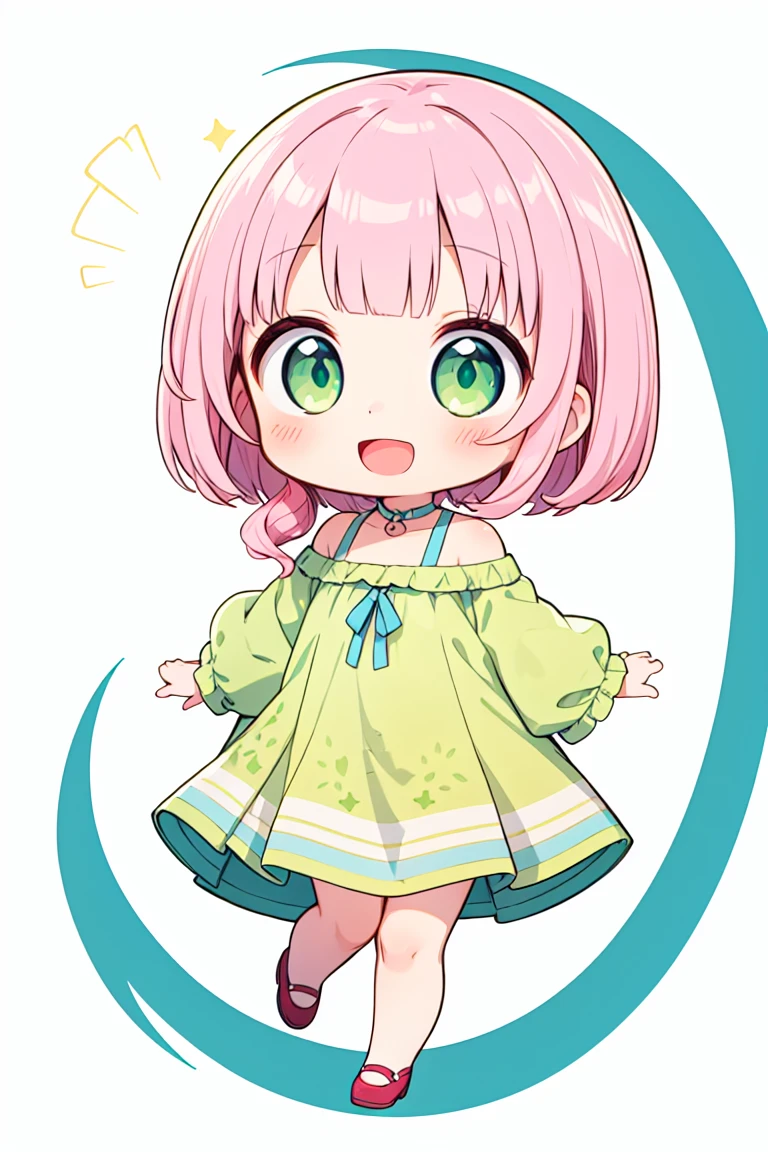 chibi, flat color, solo, full body, cute, (highest quality), pink Hair, lime green Eyes, bob cut, ((wavy hair)), off shoulder, Beautiful Eyes, A big smile, A bright and curious personality, Mood makers, Cheerful, open mouth, (yellow Sleep dress), white background, (masterpiece)