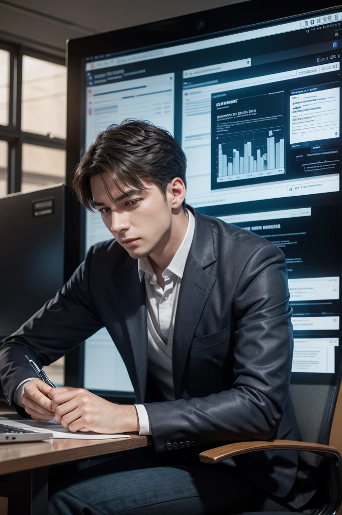Create a professional man by working on a project! In front of a computer screen, he is planning a Lean Management planning framework! On your computer screen, the phased structure of your Lean Management project should appear!