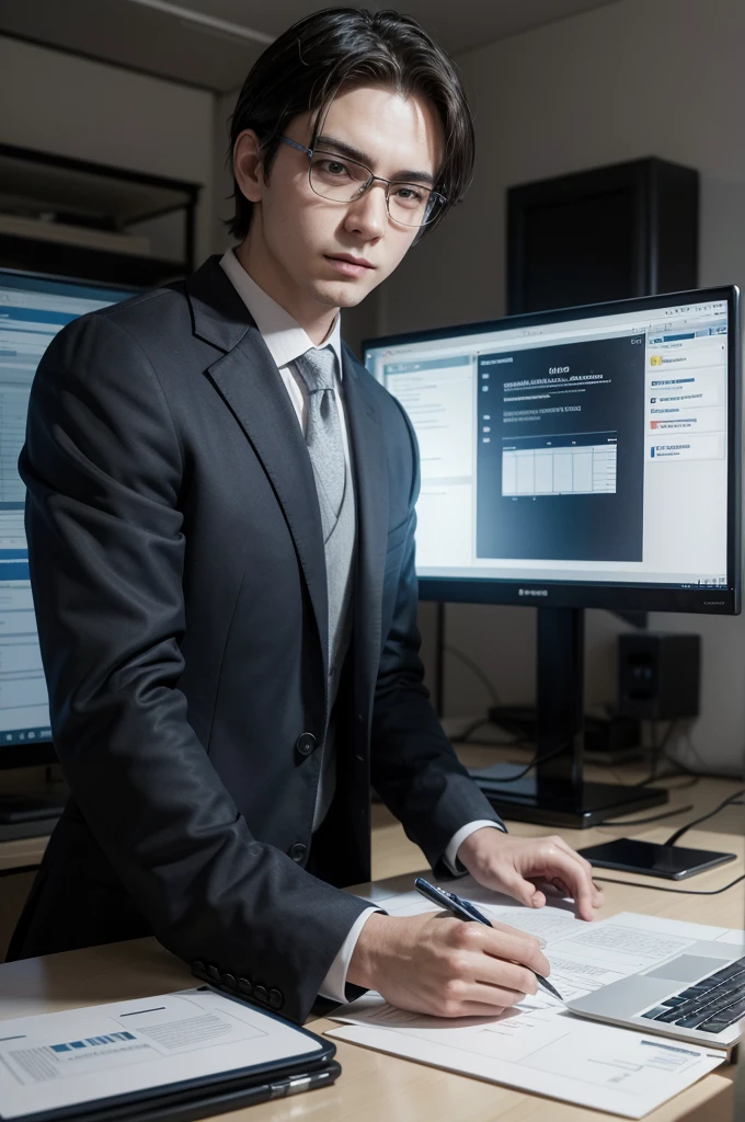 Create a professional man by working on a project! In front of a computer screen, he is planning a Lean Management planning framework! On your computer screen, the phased structure of your Lean Management project should appear!