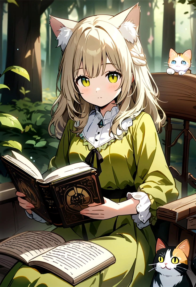 Highest quality、masterpiece、Detailed CG、cute cat、Norwegian Forest Cat、Handwritten style、icon、Yellow-green eyes、Sitting on a floating book、