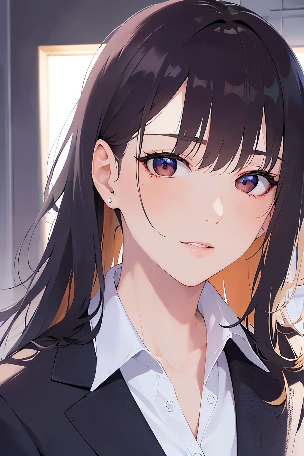 look at viewer,angle from the front,Upper Body, Realistic, real person, (pale skin: 1.2), RAW photo, photorealistic, shiny skin, shiny hair、 (A 35-year-old woman with medium-length hair and bangs) and (wavy hair) and (brown hair) and (Orange Eyes) , (Wearing a business suit:1.5) and (Wearing a white collared shirt)、light smile,The background is the living room、Alone、Are standing