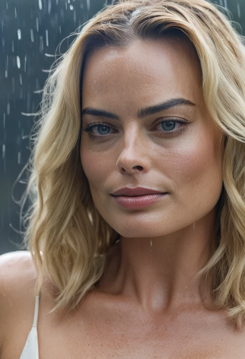 (( high quality celebrity Erotic portrait photo )) , 40yo woman ( Margot Robbie, celebrity , woman, realistic babe, photorealistic ) extremely realistic skin, extremely erotic , extremely long hair , erotic photoshoot , fit muscular figure , exhausted look, rainy, shiny sweaty skin, seductive expression , vacation side background , public, wet hair, dark atmosphere, bright realistic lighting , rosy white pale skin tone , erect nipples , celebrity, female, woman, hollywood actress, , erotic angle , fleshy muscular woman , ( natural lights, depth of field, detailed face insanely detailed skin texture, hyper detailed features )