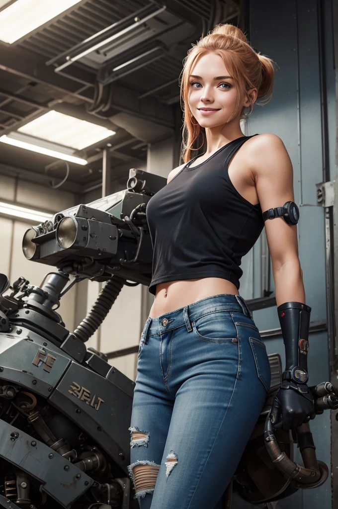 detailed, perfect anatomy, female engineer mechanic girl with goggles holding a wrench, dirty tank top, uniform, working on a mecha , japanese mecha, mecha robot, solo focus, blue eyes, strawberry blonde hair, ponytail, denim jeans, repairing machines, smiling, caring, looking upward, high angle, cyberpunk, futuristic, military vibes, diesel punk, indoors, welding, looking at viewer, muscle, toned woman, tomboy, in a futuristic military complex, police department, small jet fighter, white walls, ((BEST QUALITY))