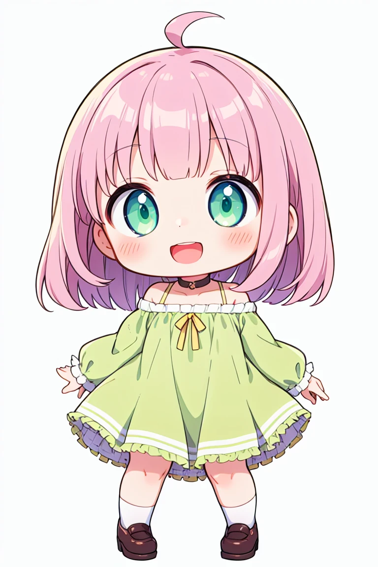 chibi, flat color, solo, full body, cute, (highest quality), pink Hair, lime green Eyes, bob cut, ((wavy hair)), off shoulder, Beautiful Eyes, A big smile, A bright and curious personality, Mood makers, Cheerful, open mouth, (yellow Sleep dress), white background, (masterpiece)