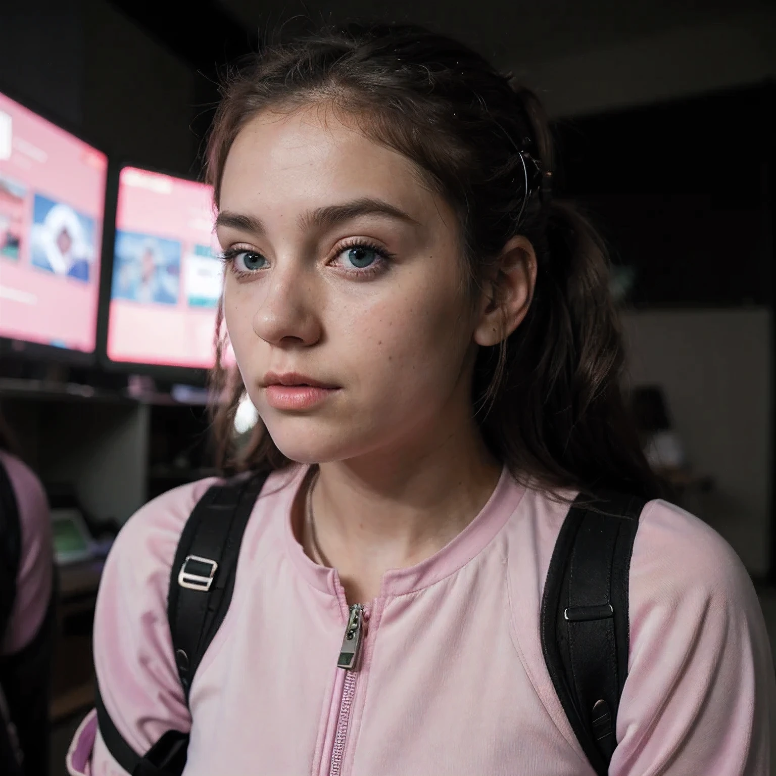 Photo of a college student, Purple Pink, Futuristic space suit, (freckle:0.8) Cute face, Science Fiction, Dystopia, Delicate eyes, Green pupils（（side view））