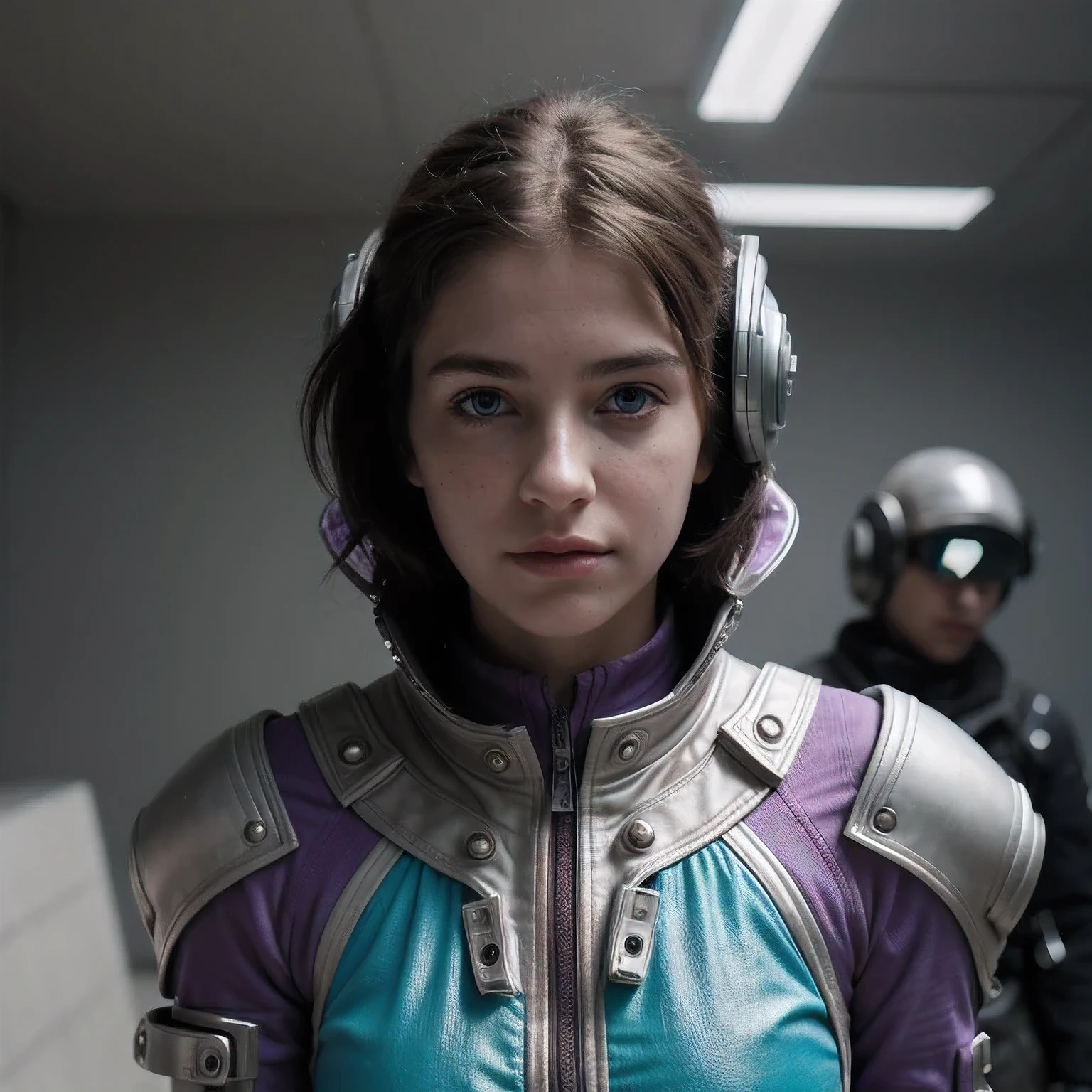 Photo of a college student, Purple Pink, Futuristic space suit, (freckle:0.8) Cute face, Science Fiction, Dystopia, Delicate eyes, Green pupils（（side view））