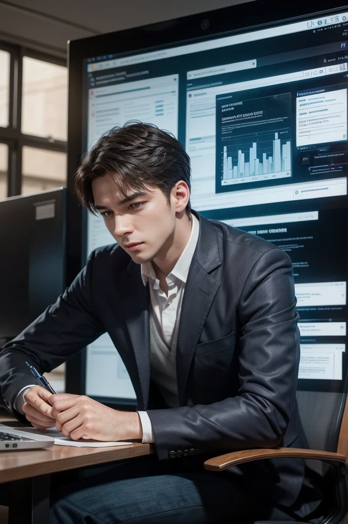 Create a professional man by working on a project! In front of a computer screen, he is planning a Lean Management planning framework! On your computer screen, the phased structure of your Lean Management project should appear!