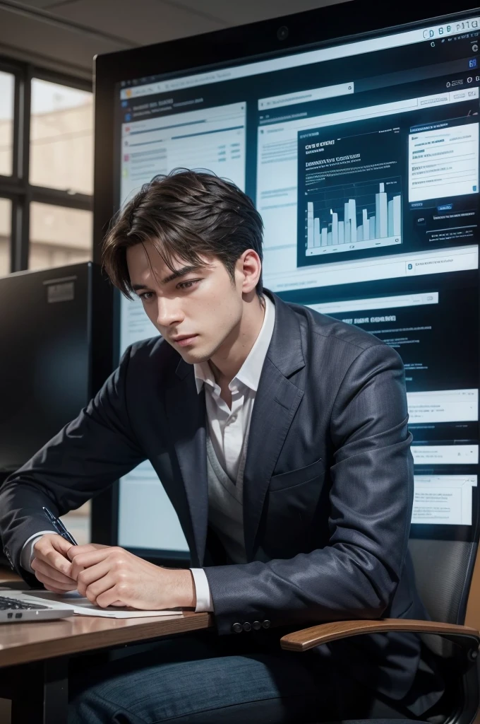 Create a professional man by working on a project! In front of a computer screen, he is planning a Lean Management planning framework! On your computer screen, the phased structure of your Lean Management project should appear!