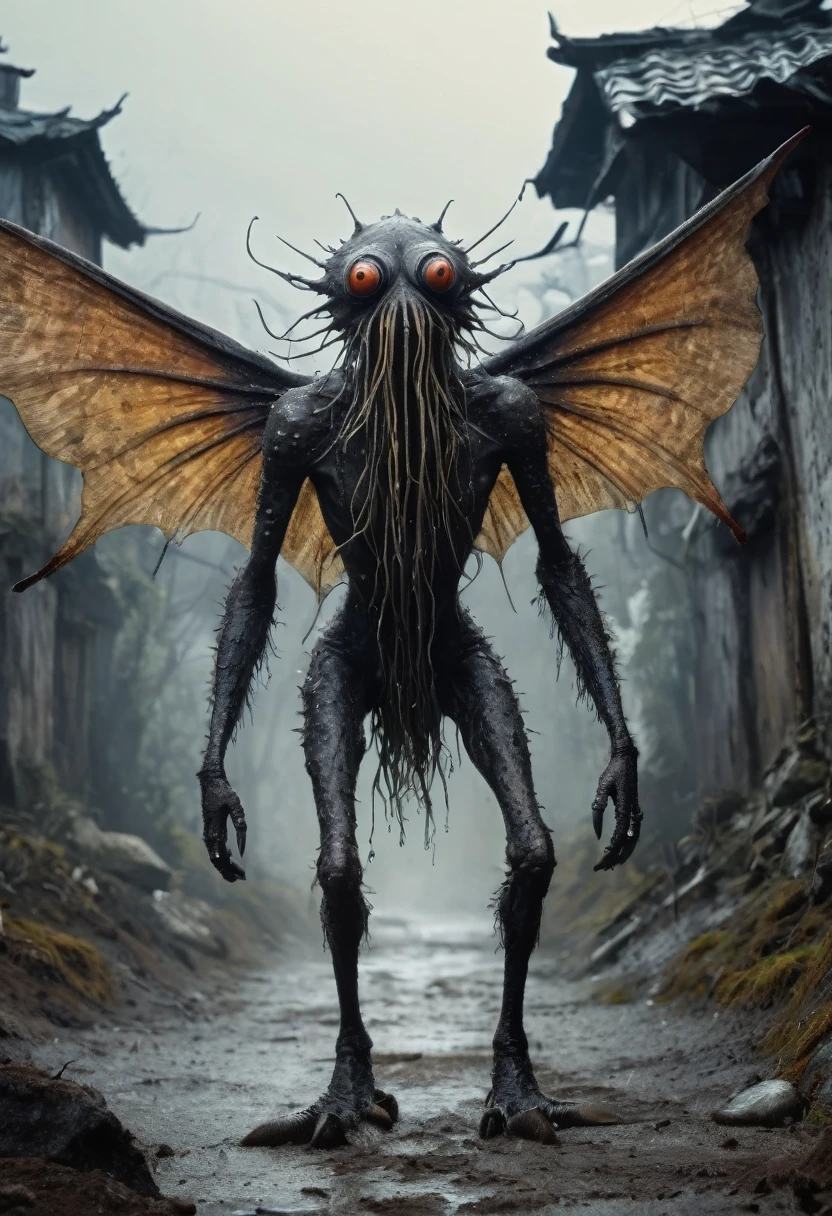 full body length shot,kobold,absolutely natural skin textures, hyper realisitc, hyper detailed,elegant wings,wings Extremely detailed,High contrast,Realistic,Chalsedoon goblin, back view,full body length,sparas,pretty face,intricate details,realistic humid skin,extremely intricate details,anatomically correct, eyes extremely detailed, high detailed eyes,High contrast,Ultra HD,Retina,HDR,photo,photorealism,Masterpiece, natural skin textures, hyper realism,hyper detailed,High contrast,(HDR:1.4),Realism,Ultra Detailed,irina yermolova, close full body shot,16K resolution,RAW, Nikon Z9,Paul Zizka,full body length,niobium goblin,native irish,pretty face,eyebrow up,full body shot,ominous landscape,niobium gray atmosphere,by art Simon Stalenhag,Nicola Samori,(((Wangechi Mutu))),scary complicated village of stalkers,Stone Forest in Yunnan Province of Italia,jellyfish's leather, Mestichino,Light particles,marble leather ,ink photography