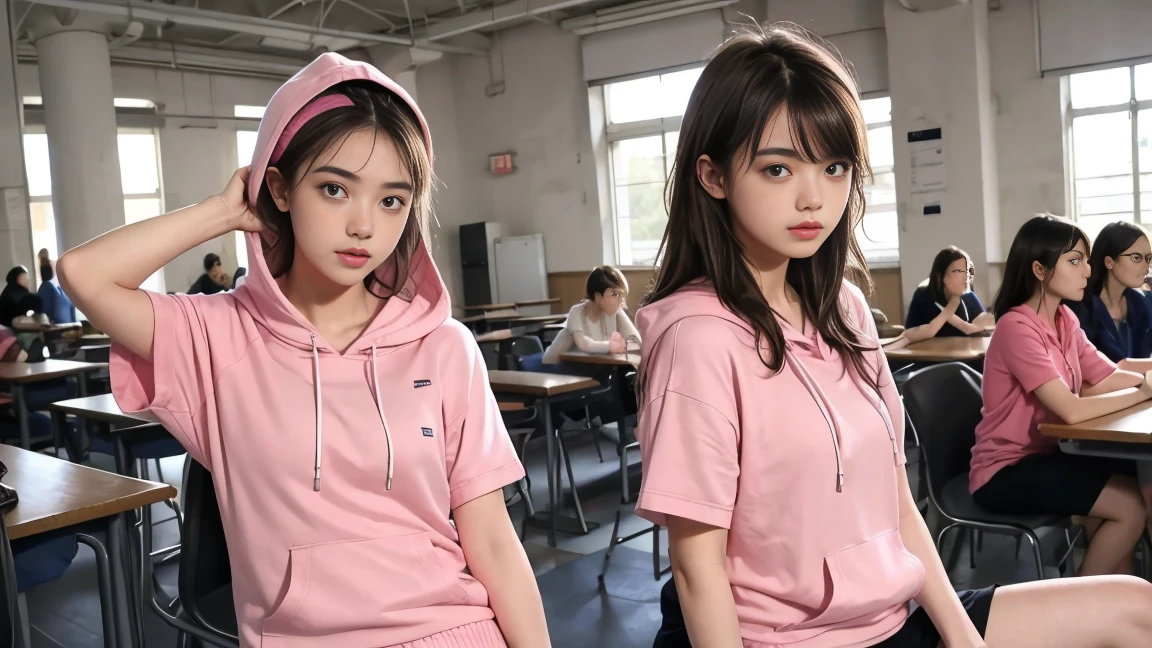 deux femmes ensemble de 18 ans sexy et mince , pink short sleeve hoodie , salle de classe, se touche,position sey,sensuel