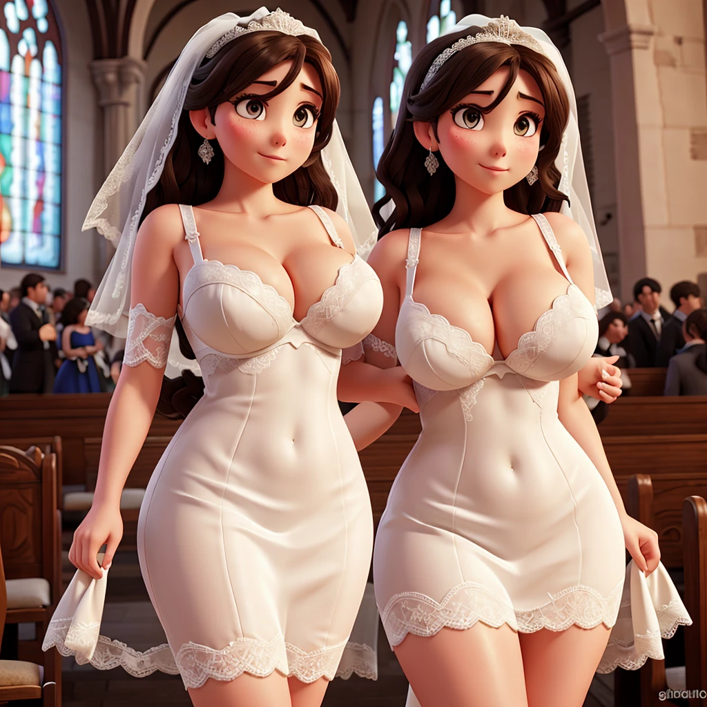 Bride with huge breasts in provocative lace bra waiting at the church