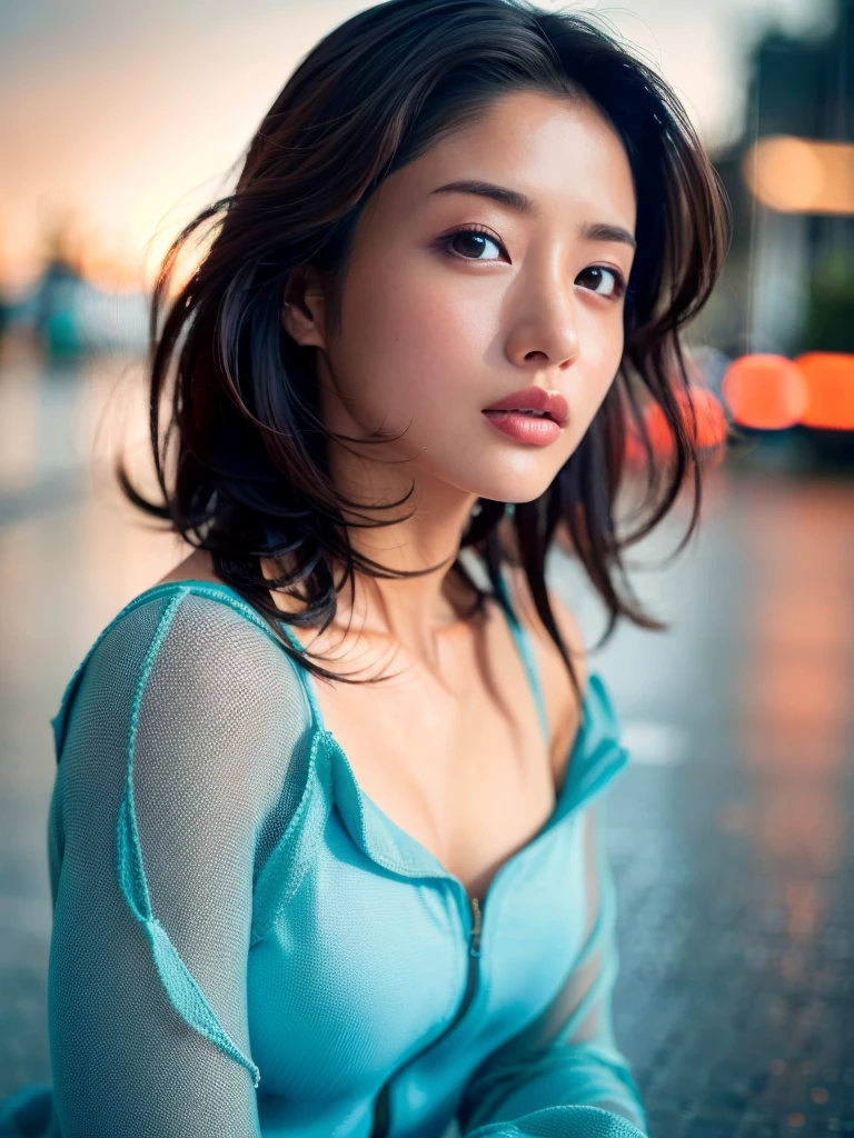 stare at the camera, bust shot, mix 4,(8K, RAW photo, highest quality, masterpiece:1.2), (realistic, photo-realistic:1.37),1girl,cute,cityscape, night, rain, Wet, professional lighting, photon mapping, radio city, physically based on rendering, gradient black hair, gray hair, short curly hair, good looking, girl, White Ball Suit, excellent quality, High resolution, 1080P, (clean face), (Detailed facial description), (detailed description of hands ),(masterpiece),(Detailed CG),extreme light and shadow, messy hair, masterpiece, Rich details,(exquisite features),(highest quality),(masterpiece),(delicate eyes),looking forward to your eyes, exquisite collar bone