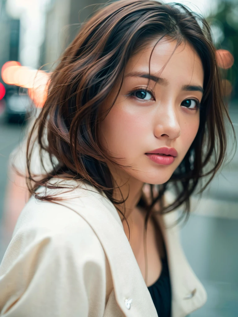 stare at the camera, bust shot, mix 4,(8K, RAW photo, highest quality, masterpiece:1.2), (realistic, photo-realistic:1.37),1girl,cute,cityscape, night, rain, Wet, professional lighting, photon mapping, radio city, physically based on rendering, gradient black hair, gray hair, short curly hair, good looking, girl, White Ball Suit, excellent quality, High resolution, 1080P, (clean face), (Detailed facial description), (detailed description of hands ),(masterpiece),(Detailed CG),extreme light and shadow, messy hair, masterpiece, Rich details,(exquisite features),(highest quality),(masterpiece),(delicate eyes),looking forward to your eyes, exquisite collar bone