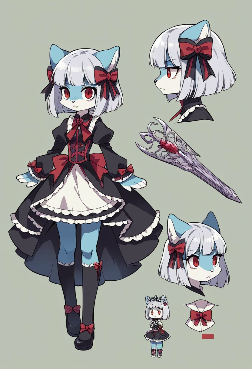 ((masterpiece)), (Highest quality))), (Character design sheet, National costume, same characters, front, ~ side, return), figure, 1 girl, whole body, Silver Hair, eyes hair, Beautiful red eyes, Princess Cut, Environmental change scene, Short skirt, Shyness, woman, girl, Are standing, Gothic Lolita, furry girl,ネズミのgirl, (simple returnground, white returnground: 1.3) ( masterpiece:1.2), (Highest quality:1.3)