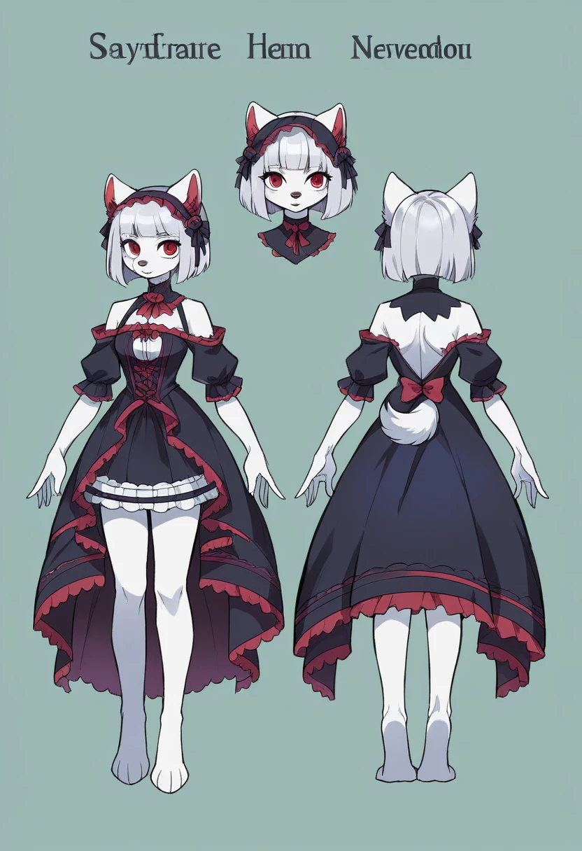 ((masterpiece)), (Highest quality))), (Character design sheet, National costume, same characters, front, ~ side, return), figure, 1 girl, whole body, Silver Hair, eyes hair, Beautiful red eyes, Princess Cut, Environmental change scene, Short skirt, Shyness, woman, girl, Are standing, Gothic Lolita, furry girl,ネズミのgirl, (simple returnground, white returnground: 1.3) ( masterpiece:1.2), (Highest quality:1.3)