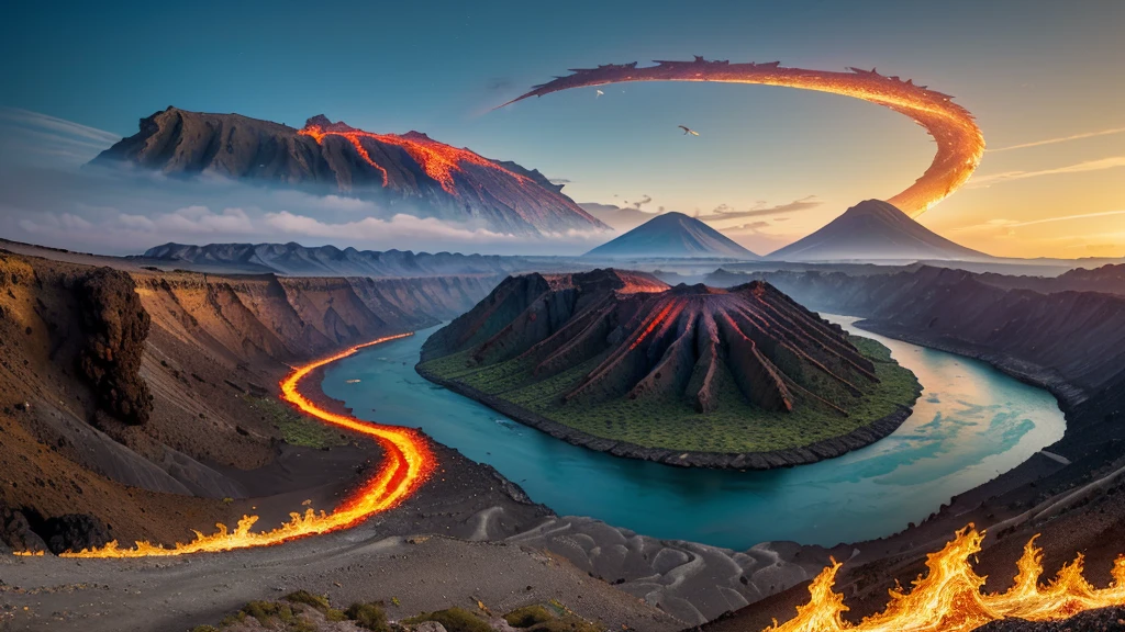(masterpiece, 8K, UHD, high resolution, best quality: 1.4), breathtaking landscape of Valyria before the Doom, (imposing volcanic mountains: 1.3), (rivers of lava winding through the land: 1.2), (soaring towers and gravity-defying suspension bridges: 1.3), (cast stone buildings inlaid with gems and precious metals: 1.2), grand amphitheaters and stadiums, (forests of stone and crystal: 1. 2), (fields of fire and ash: 1.3), (dragon caves in the mountains: 1.2), (skies crossed by majestic dragons: 1.4), (rivers of magma and normal rivers cutting through the landscape: 1.2), (extensive coastline with busy ports: 1.1), intricate details, magical and mysterious atmosphere, vibrant and contrasting colors, (exotic and surreal landscape: 1.3), (panoramic view: 1.2)