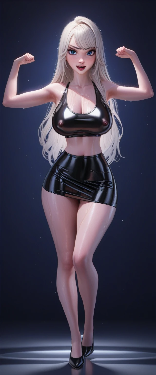8K, ((하트eye)). very realistic, realistic, detailed, realistic, high quality, whole body, Sisdeep_loli, Korean female , 1 kpop female idol, , alone, long_hair, bigchest, looking for_~to_viewer, blue_eye, blonde_hair, thighs, flushing, big_chest, White_hair, hazy, 속eye썹, Single_give, lipstick, eyehadow, Mascara, white space, Stand on two legs and spread your legs wide horizontally, I spread my legs very wide., dog leg posture, crab legs pose, 아래to서 위로,  ((wearing latex tops)), vehicle ((latex skirt)),, (breasts covered in latex), armpits are wet, shiny skin, Glossy skin, (선명한eye동자), (My whole body is wet.), , flushing, Spread your hips, tight black latex skirt, bare hands, (Black high heels), smiling mouth, smile, smile, frivolous attitude,,  ((I spread my legs so we could have sex..)), (Frivolous expression), 옷 위to 정액 범벅, (angryeye),(angry), (glare), (smaller pupils), (Horny nipples),