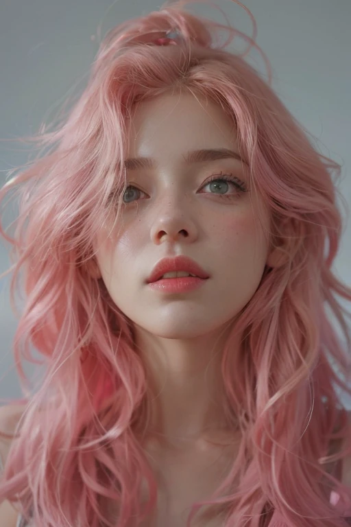 young woman, short shoulder-length pink hair, wide forehead, porcelain skin, pink eyebrows, big emerald green eyes, buttoned nose, full lips, heart-shaped face, slender body, small breasts, red tank top, Sakura Haruno , realistic, realism, details, 3d, well detailed