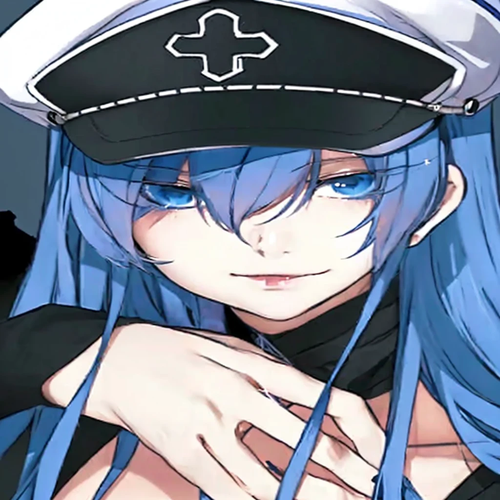 anime girl with blue hair and a sailor hat posing for a picture, [[[[grinning evily]]]], portrait gapmoe yandere grimdark, nefarious smirk, vivy, 2 d anime style, roguish smirk, 2 d anime, gapmoe yandere grimdark, gapmoe yandere, smug smirk