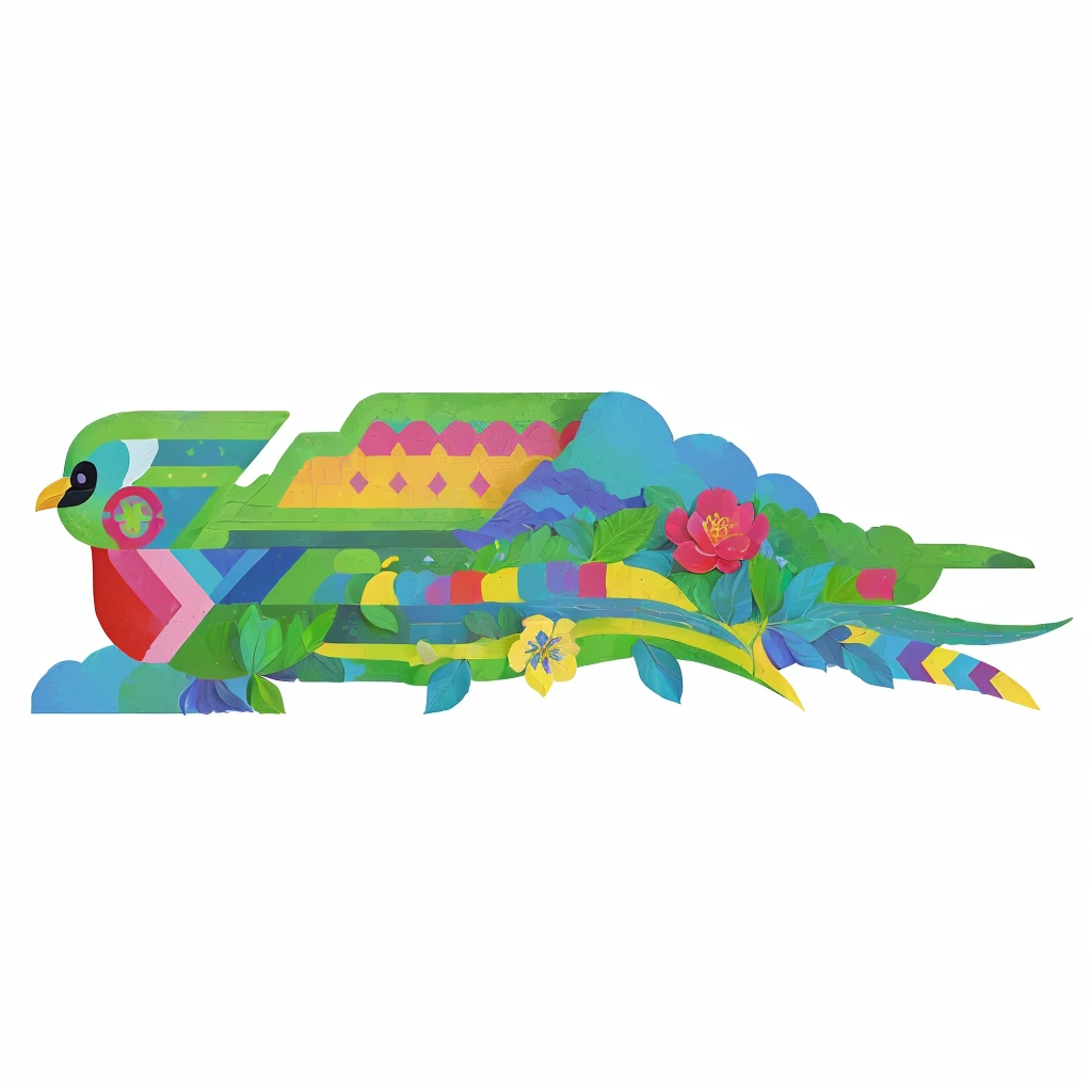 A minimalistic representation of the Quetzal bird, emphasizing the face, eyes, chest, and wings. The midsection is highlighted with defined boundaries and minimal accents. The landscape orientation is maintained with fewer flowers and leaves.