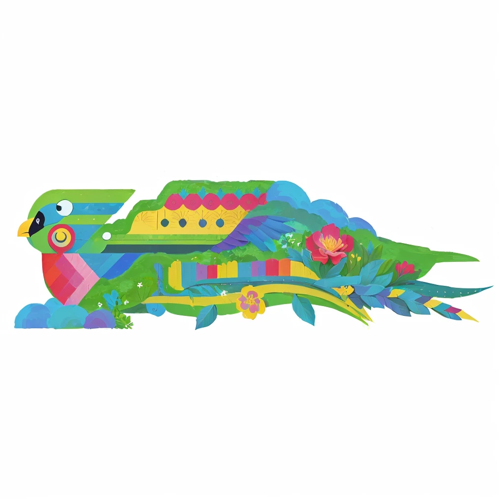 A minimalistic representation of the Quetzal bird, emphasizing the face, eyes, chest, and wings. The midsection is highlighted with defined boundaries and minimal accents. The landscape orientation is maintained with fewer flowers and leaves.
