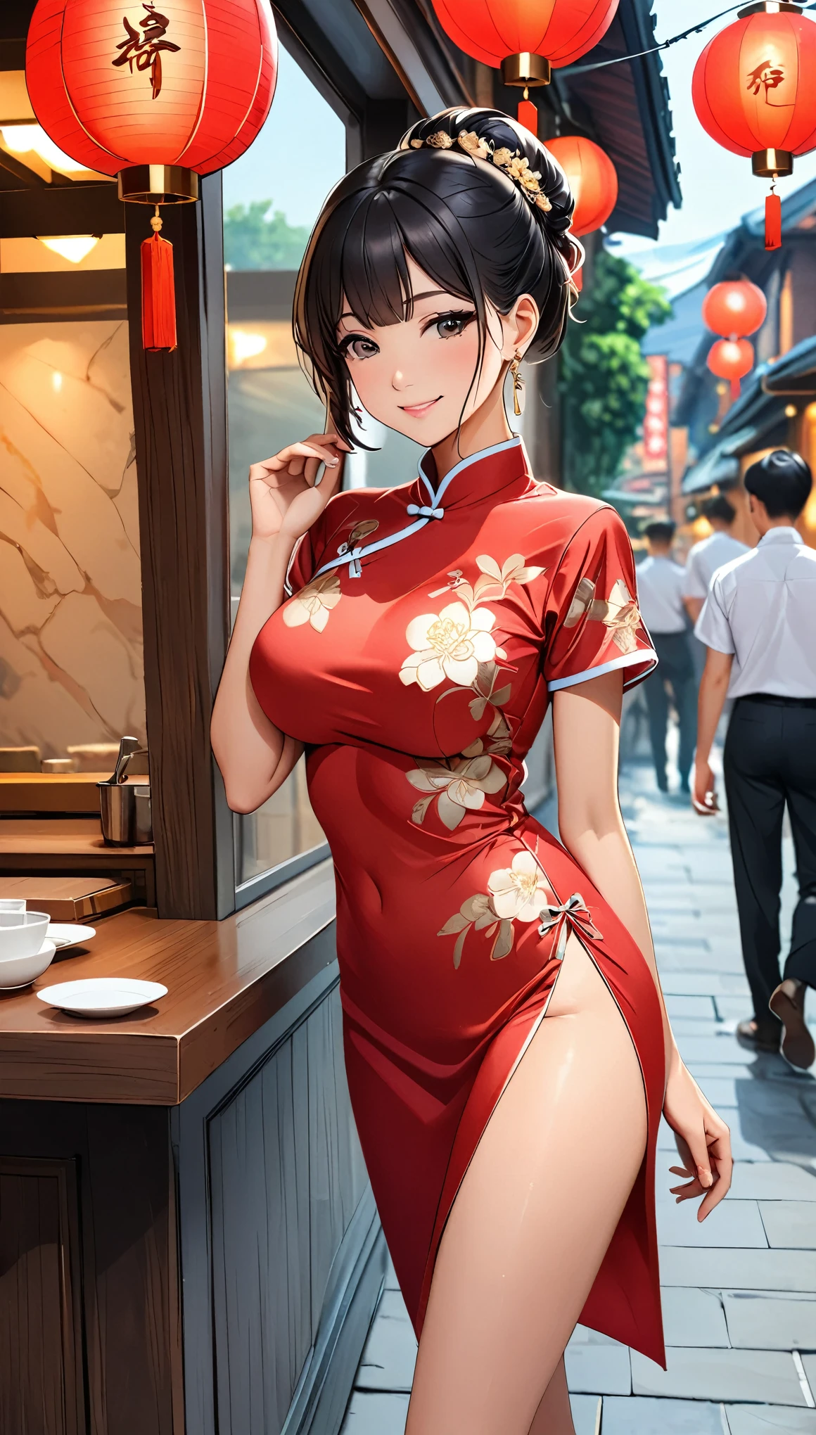 A beautiful woman, city,(standard Red silk cheongsam), (flower chignon), (gold embroidery thread), (slik), outdoor chinese restaurant, light smile, ((black hair)), little blush, side, (breast), Reflecting the buttocks, Draft drawing
