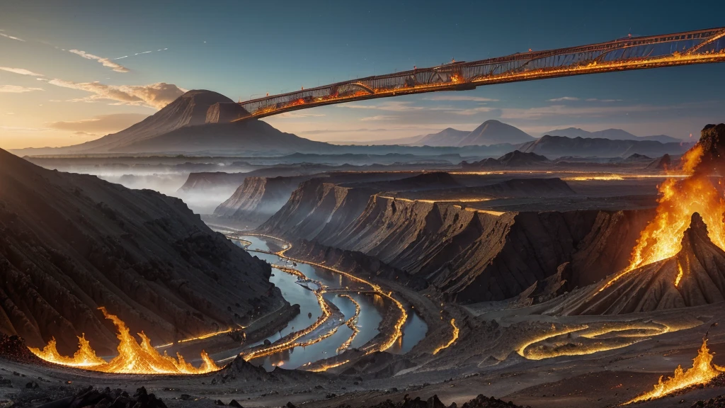 (masterpiece, 8K, UHD, high resolution, best quality: 1.4), breathtaking landscape of Valyria before the Doom, (imposing volcanic mountains: 1.3), (rivers of lava winding through the land: 1.2), (soaring towers and gravity-defying suspension bridges: 1.3), (cast stone buildings inlaid with gems and precious metals: 1.2), grand amphitheaters and stadiums, (forests of stone and crystal: 1. 2), (fields of fire and ash: 1.3), (dragon caves in the mountains: 1.2), (skies crossed by majestic dragons: 1.4), (rivers of magma and normal rivers cutting through the landscape: 1.2), (extensive coastline with busy ports: 1.1), intricate details, magical and mysterious atmosphere, vibrant and contrasting colors, (exotic and surreal landscape: 1.3), (panoramic view: 1.2)