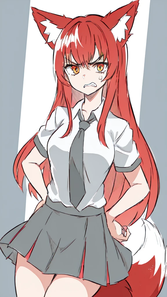 1girl ,20s,angry face,white shirt,short sleeves,(black standard tie),white school skirt,(red hair),long hair,fox ears