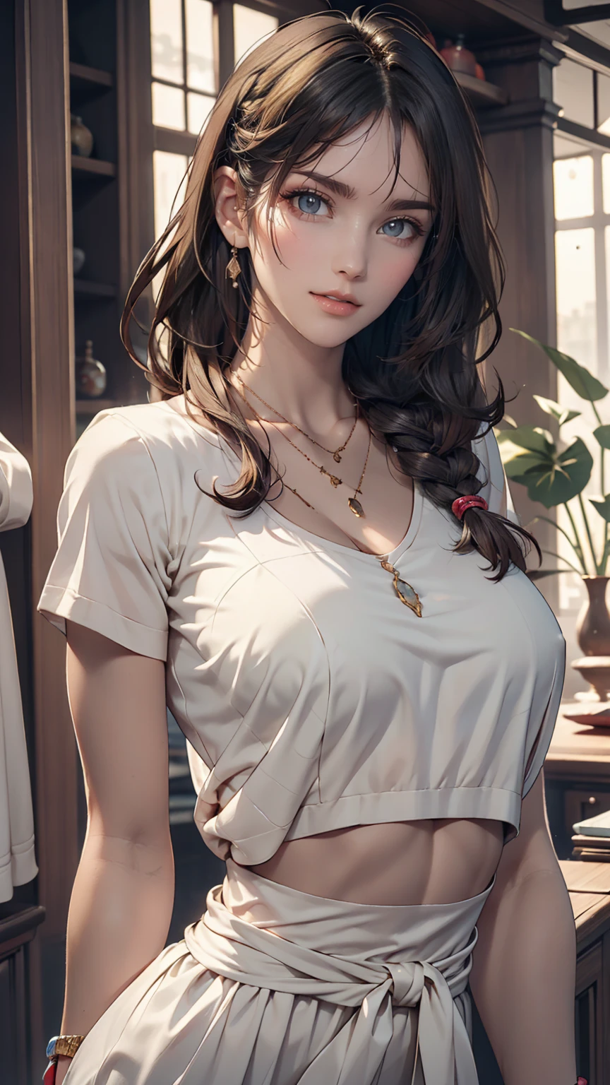 Highest quality, masterpiece,Gray Hair, Golden Eyes,White clothes, look up, Upper Body,hair,Fair skin,Side braid、24 year old Caucasian female、Sexy proportions、Sexy、Narrow waist、Attach a necklace、Wear accessories on your wrist