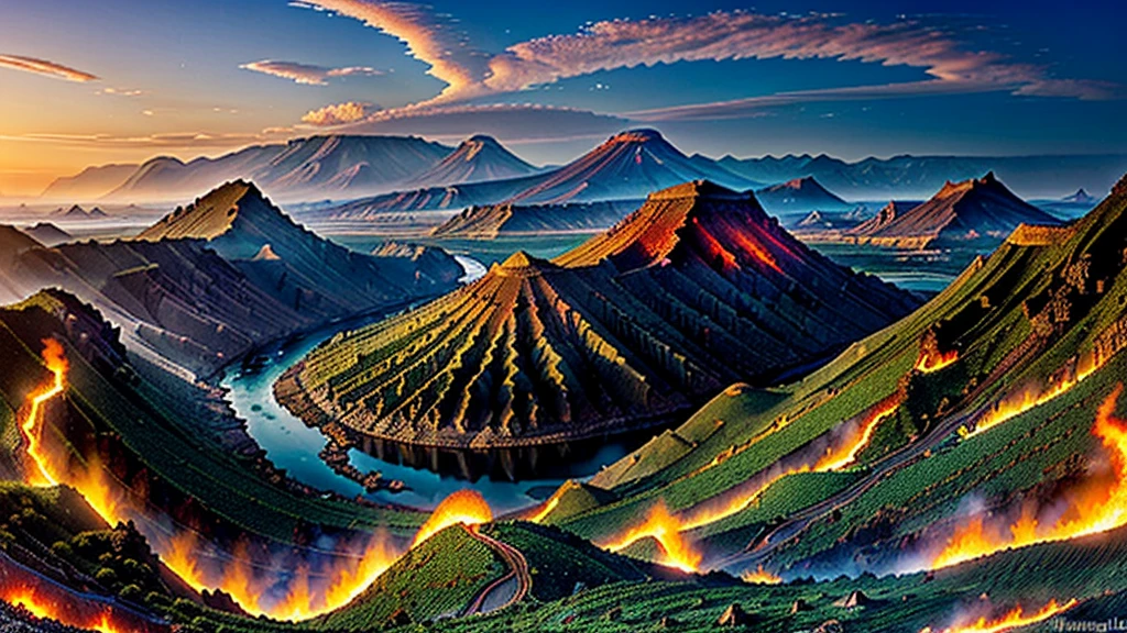 (masterpiece, 8K, UHD, high resolution, best quality: 1.4), breathtaking landscape of Valyria before the Doom, (imposing volcanic mountains: 1.3), (rivers of lava winding through the land: 1.2), (soaring towers and gravity-defying suspension bridges: 1.3), (cast stone buildings inlaid with gems and precious metals: 1.2), grand amphitheaters and stadiums, (forests of stone and crystal: 1. 2), (fields of fire and ash: 1.3), (dragon caves in the mountains: 1.2), (skies crossed by majestic dragons: 1.4), (rivers of magma and normal rivers cutting through the landscape: 1.2), (extensive coastline with busy ports: 1.1), intricate details, magical and mysterious atmosphere, vibrant and contrasting colors, (exotic and surreal landscape: 1.3), (panoramic view: 1.2)