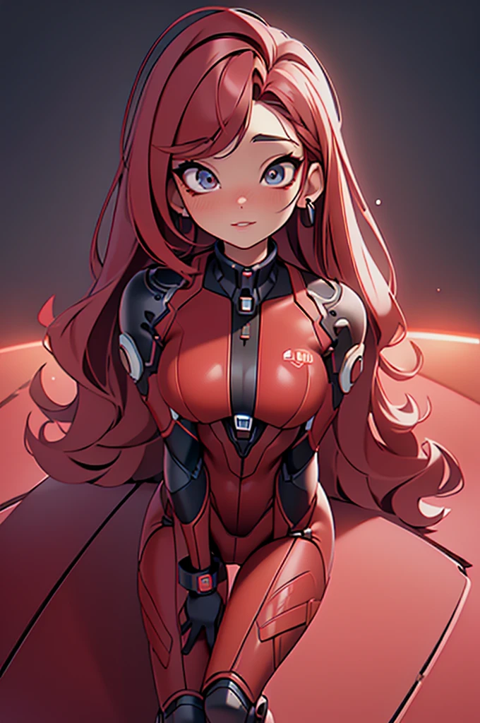 (best quality,4k,8k,highres,masterpiece:1.2), beautiful detailed eyes, beautiful detailed lips, extremely detailed eyes and face, long eyelashes, 1 girl, red mech suit, straight red hair, cool sci-fi lighting, space background, vibrant colors, futuristic theme, full body