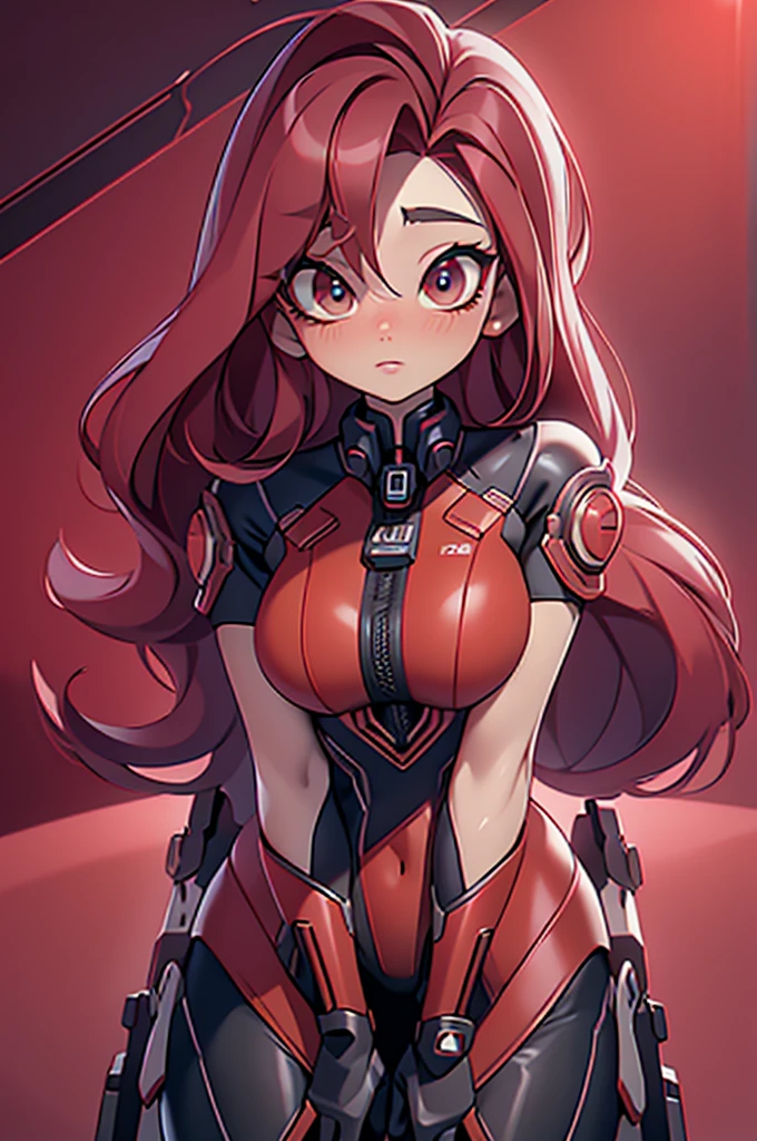 (best quality,4k,8k,highres,masterpiece:1.2), beautiful detailed eyes, beautiful detailed lips, extremely detailed eyes and face, long eyelashes, 1  girl, red mech suit, straight red hair, cool sci-fi lighting, space background, vibrant colors, futuristic theme, full body