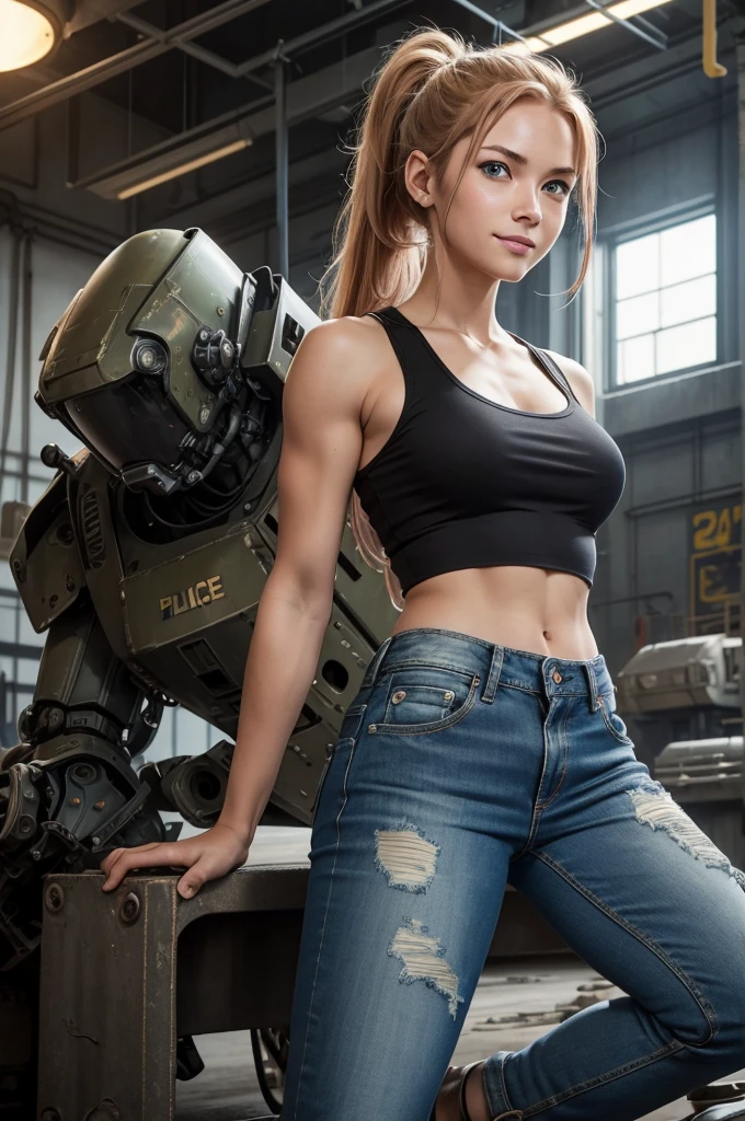 detailed, perfect anatomy, female engineer mechanic girl crouching down, dirty tank top, uniform, working on a mecha , japanese mecha, mecha robot, solo focus, blue eyes, strawberry blonde hair, ponytail, denim jeans, repairing machines, smiling, caring, looking upward, high angle, cyberpunk, futuristic, military vibes, diesel punk, indoors, welding, looking at viewer, muscle, toned woman, tomboy, in a futuristic military complex, police department, small jet fighter, white walls, ((BEST QUALITY))