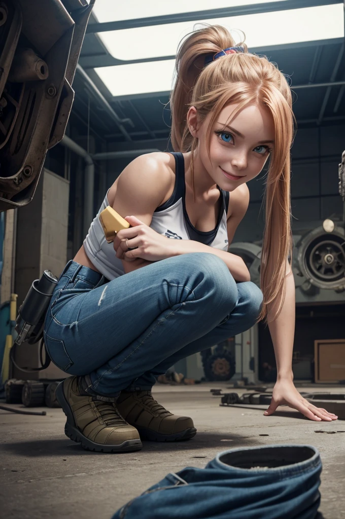 detailed, perfect anatomy, female engineer mechanic girl crouching down, dirty tank top, uniform, working on a mecha , japanese mecha, mecha robot, solo focus, blue eyes, strawberry blonde hair, ponytail, denim jeans, repairing machines, smiling, caring, looking upward, high angle, cyberpunk, futuristic, military vibes, diesel punk, indoors, welding, looking at viewer, muscle, toned woman, tomboy, in a futuristic military complex, police department, small jet fighter, white walls, ((BEST QUALITY))