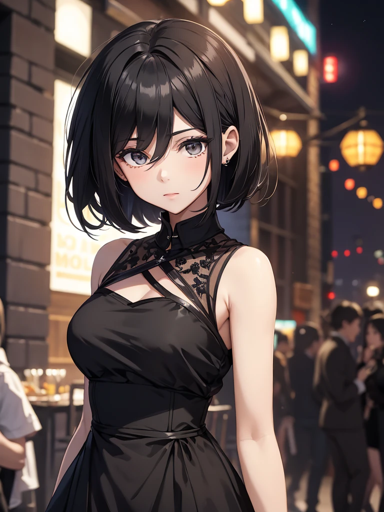 Mikasa, 1girl, wearing a black colour party frock, at a night party, modern style frock, black short hair, 8k, high detailed, high quality