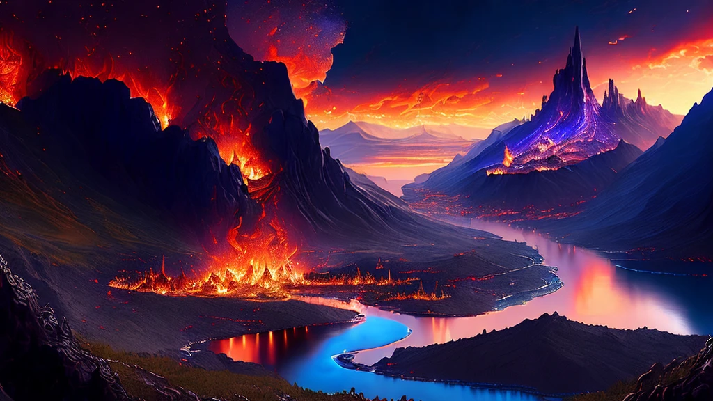 (masterpiece, 8K, UHD, high resolution, best quality: 1.4), breathtaking landscape of Valyria before the Doom, (imposing volcanic mountains: 1.3), (rivers of lava winding through the land: 1.2), (soaring towers and gravity-defying suspension bridges: 1.3), (cast stone buildings inlaid with gems and precious metals: 1.2), grand amphitheaters and stadiums, (forests of stone and crystal: 1. 2), (fields of fire and ash: 1.3), (dragon caves in the mountains: 1.2), (skies crossed by majestic dragons: 1.4), (rivers of magma and normal rivers cutting through the landscape: 1.2), (extensive coastline with busy ports: 1.1), intricate details, magical and mysterious atmosphere, vibrant and contrasting colors, (exotic and surreal landscape: 1.3), (panoramic view: 1.2)