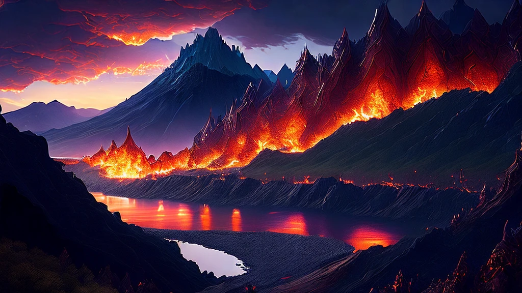 (masterpiece, 8K, UHD, high resolution, best quality: 1.4), breathtaking landscape of Valyria before the Doom, (imposing volcanic mountains: 1.3), (rivers of lava winding through the land: 1.2), (soaring towers and gravity-defying suspension bridges: 1.3), (cast stone buildings inlaid with gems and precious metals: 1.2), grand amphitheaters and stadiums, (forests of stone and crystal: 1. 2), (fields of fire and ash: 1.3), (dragon caves in the mountains: 1.2), (skies crossed by majestic dragons: 1.4), (rivers of magma and normal rivers cutting through the landscape: 1.2), (extensive coastline with busy ports: 1.1), intricate details, magical and mysterious atmosphere, vibrant and contrasting colors, (exotic and surreal landscape: 1.3), (panoramic view: 1.2)