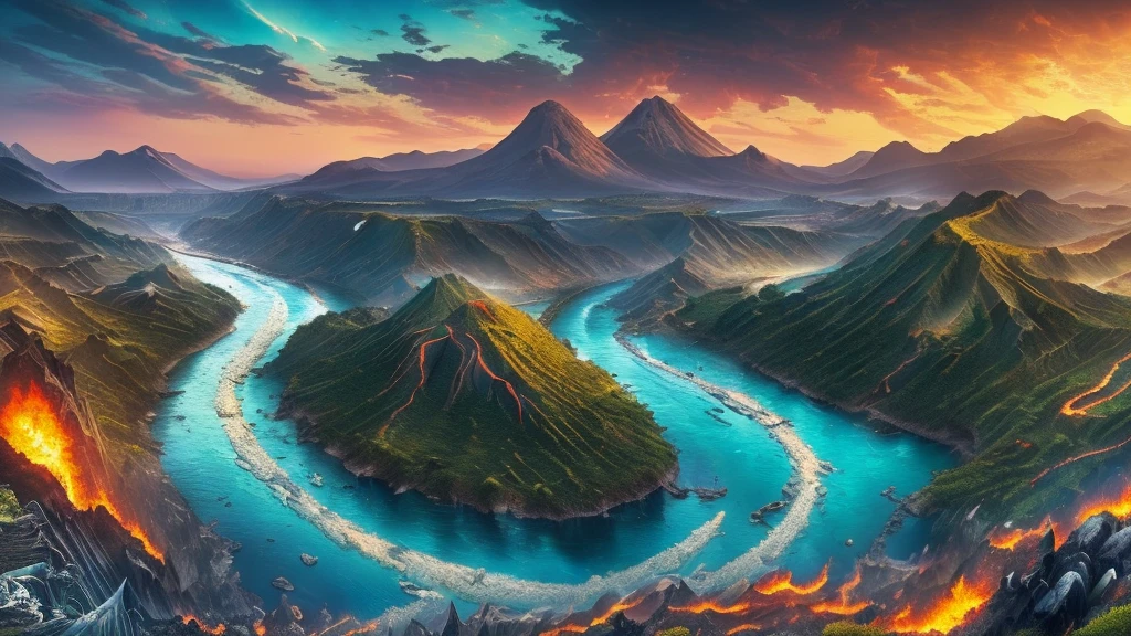 (masterpiece, 8K, UHD, high resolution, best quality: 1.4), breathtaking landscape of Valyria before the Doom, (imposing volcanic mountains: 1.3), (rivers of lava winding through the land: 1.2), (soaring towers and gravity-defying suspension bridges: 1.3), (cast stone buildings inlaid with gems and precious metals: 1.2), grand amphitheaters and stadiums, (forests of stone and crystal: 1. 2), (fields of fire and ash: 1.3), (dragon caves in the mountains: 1.2), (skies crossed by majestic dragons: 1.4), (rivers of magma and normal rivers cutting through the landscape: 1.2), (extensive coastline with busy ports: 1.1), intricate details, magical and mysterious atmosphere, vibrant and contrasting colors, (exotic and surreal landscape: 1.3), (panoramic view: 1.2)