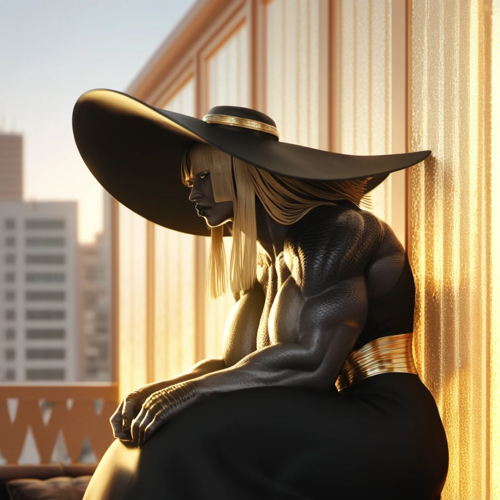black buff strong woman character, muscle arms, muscle body, buff body, tall woman, black skin, full black skin, strong arms, long fringe hair, blonde hair, blonde fringe hair, fringe hair, scales in body, black lips, egypt hair, milf, yellow lights, morning, city background, scales, mature woman, scale in arms, leaning against a wall, black dress, sit, black chic big hat
