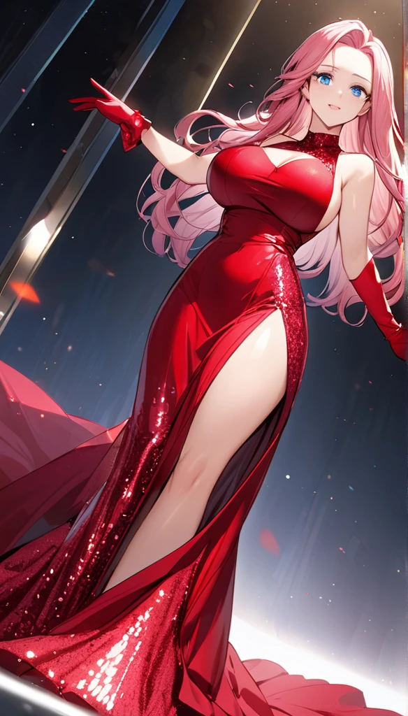 woman, pink hair, long hair, open forehead, no bangs, blue eyes, big breasts, red dress, long dress, thigh-high neckline, sequined dress, gloves, red gloves