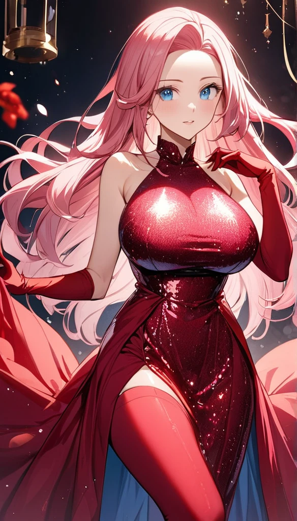 woman, pink hair, long hair, open forehead, no bangs, blue eyes, big breasts, red dress, long dress, thigh-high neckline, sequined dress, gloves, red gloves