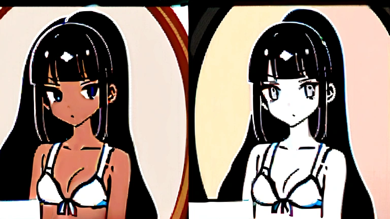 Sunburn、Tan Skin、Embarrassed、1 girl、Navy blue school swimwear,ponytail、blunt bangs、Black Hair、super fine illustration,(((beautiful fine hair))),(((beautiful fine face))),(((beautiful fine background))),Midsummer、beachBlack Hair、student、bikini、ponytail、blunt bangs、Cross-eyed