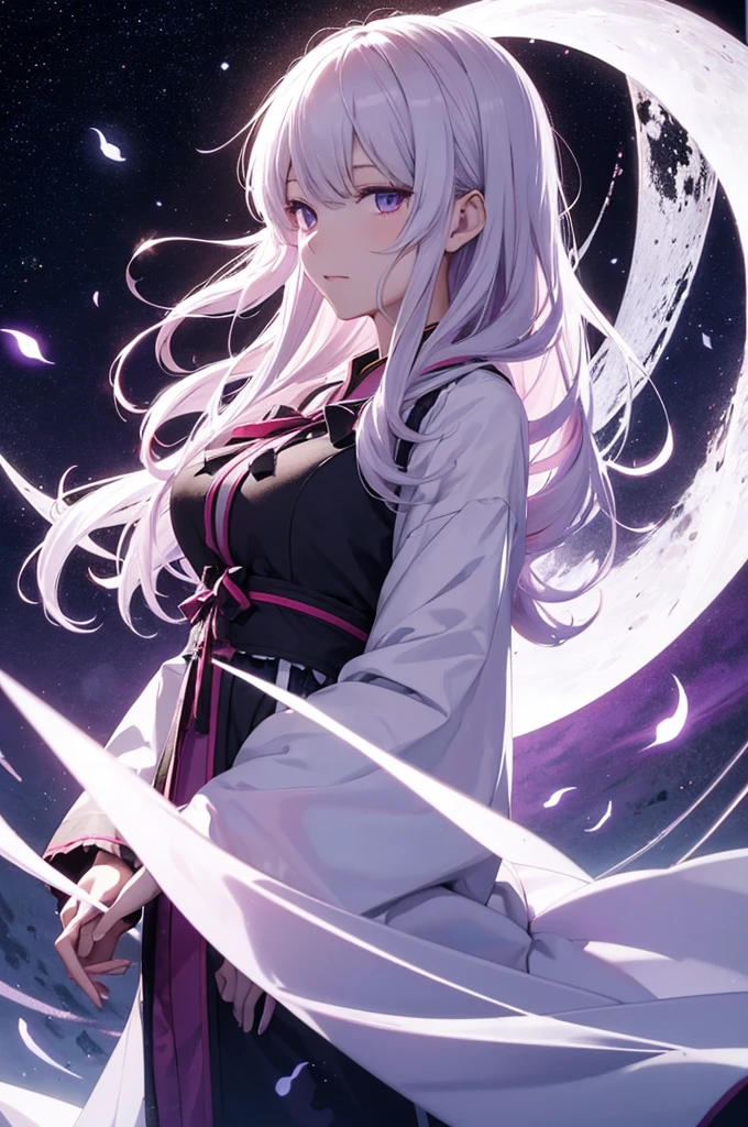 Yukari Yakumo on the background of the moon at night. He looks at the viewer. a slightly side view. , high detail. the face and eyes are super detailed. His eyes are shining. ((1.5 sly look)). a beautiful turn of the neck. the outline of the figure glows purple. clouds in the sky. smooth harmonious, graceful strokes. , high resolution.
