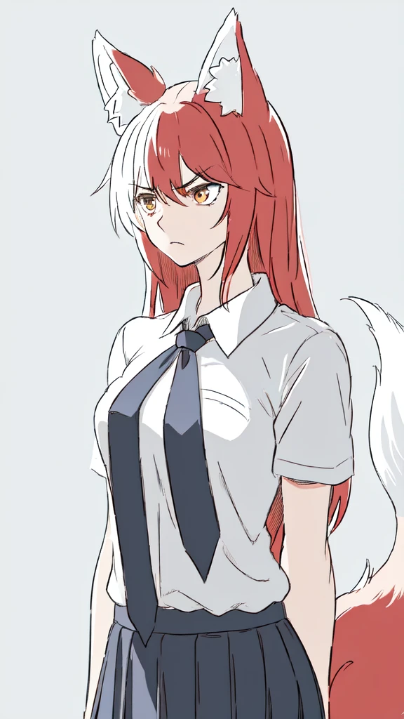 1girl ,20s,adult,serious face,white shirt,short sleeves,(black standard tie),white school skirt,(red hair),long hair,fox ears