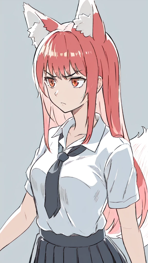 1girl ,20s,adult,serious face,white shirt,short sleeves,(black standard tie),white school skirt,(red hair),long hair,fox ears