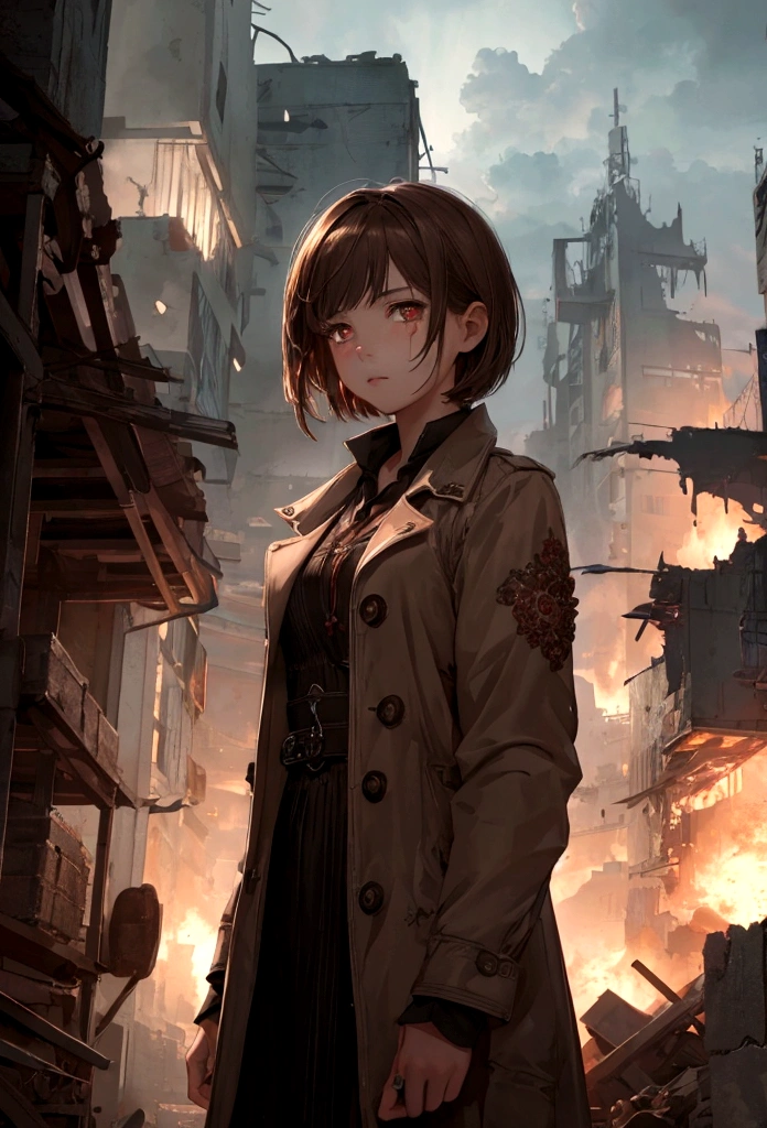 (masterpiece, best quality: 1.2), ultra detailed, cinematic lighting, HDR, illustration, 1 girl, cloudy at night, destroy buildings, panic, no sun, tears, short hair, brown hair, red eyes